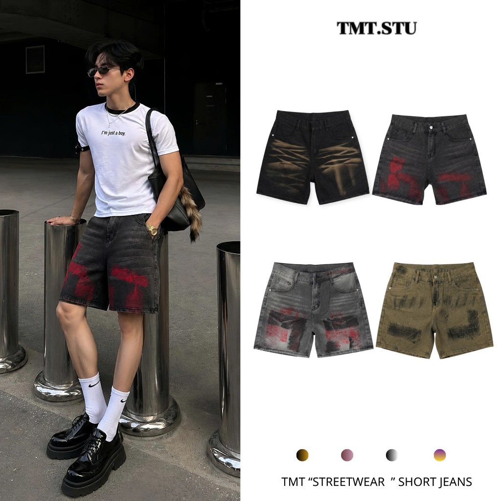 Quần Short Jean Streetwear Wash Loang Form Trên Gối TMT.STU, Jean Cotton Cao Cấp | TMTD46