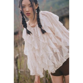 Áo OLV voan tay dài Cream Chiffon Layered Ruffle Tie Neck Top phù hợp đi chơi đi làm