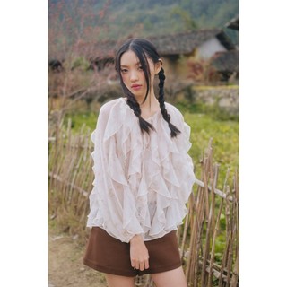 Áo OLV voan tay dài Cream Chiffon Layered Ruffle Tie Neck Top phù hợp đi chơi đi làm
