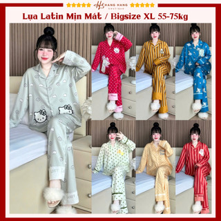 Đồ ngủ nữ bigsize 55-75kg, pijama dài tay dài lụa latin mịn mát 75DD02, đồ bộ nữ đồ mặc nhà dễ thương sang chảnh cao cấp