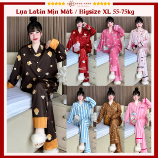 Đồ ngủ nữ bigsize 55-75kg, pijama dài tay dài lụa latin mịn mát 75DD02, đồ bộ nữ đồ mặc nhà dễ thương sang chảnh cao cấp