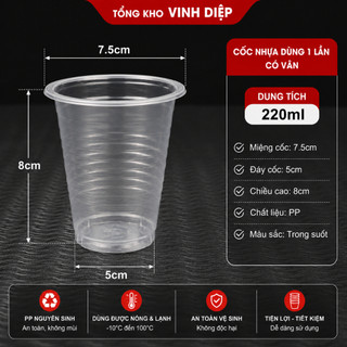 Túi 50 cốc nhựa 220ml không nắp, có vân, chịu nhiệt