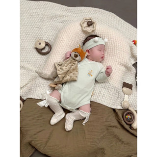 Body Sơ Sinh Dài Tay Cài Chéo Romper Cho Bé Trai Bé Gái Kèm Băng Đô Tai Gấu Cotton Mềm Mịn 0-12 Tháng
