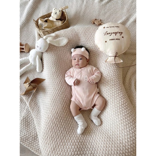 Body Sơ Sinh Dài Tay Cài Chéo Romper Cho Bé Trai Bé Gái Kèm Băng Đô Tai Gấu Cotton Mềm Mịn 0-12 Tháng