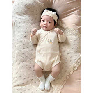 Body Sơ Sinh Dài Tay Cài Chéo Romper Cho Bé Trai Bé Gái Kèm Băng Đô Tai Gấu Cotton Mềm Mịn 0-12 Tháng