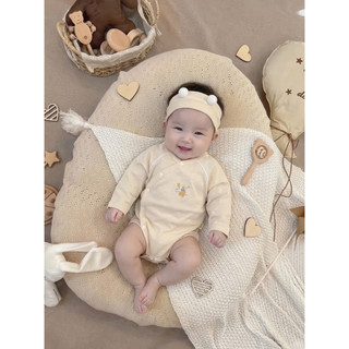 Body Sơ Sinh Dài Tay Cài Chéo Romper Cho Bé Trai Bé Gái Kèm Băng Đô Tai Gấu Cotton Mềm Mịn 0-12 Tháng