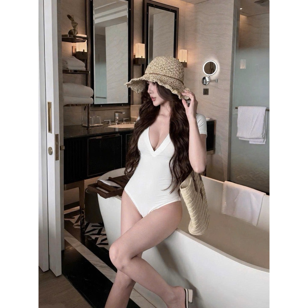 Áo body suits cổ tim dài tay đi biển siu xinh