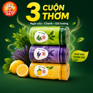 Combo 3 Cuộn Túi Rác Có Dây Rút 150 Túi Ngải Cứu Oải Hương Chanh Khử Mùi Đuổi Côn Trùng 45x50cm