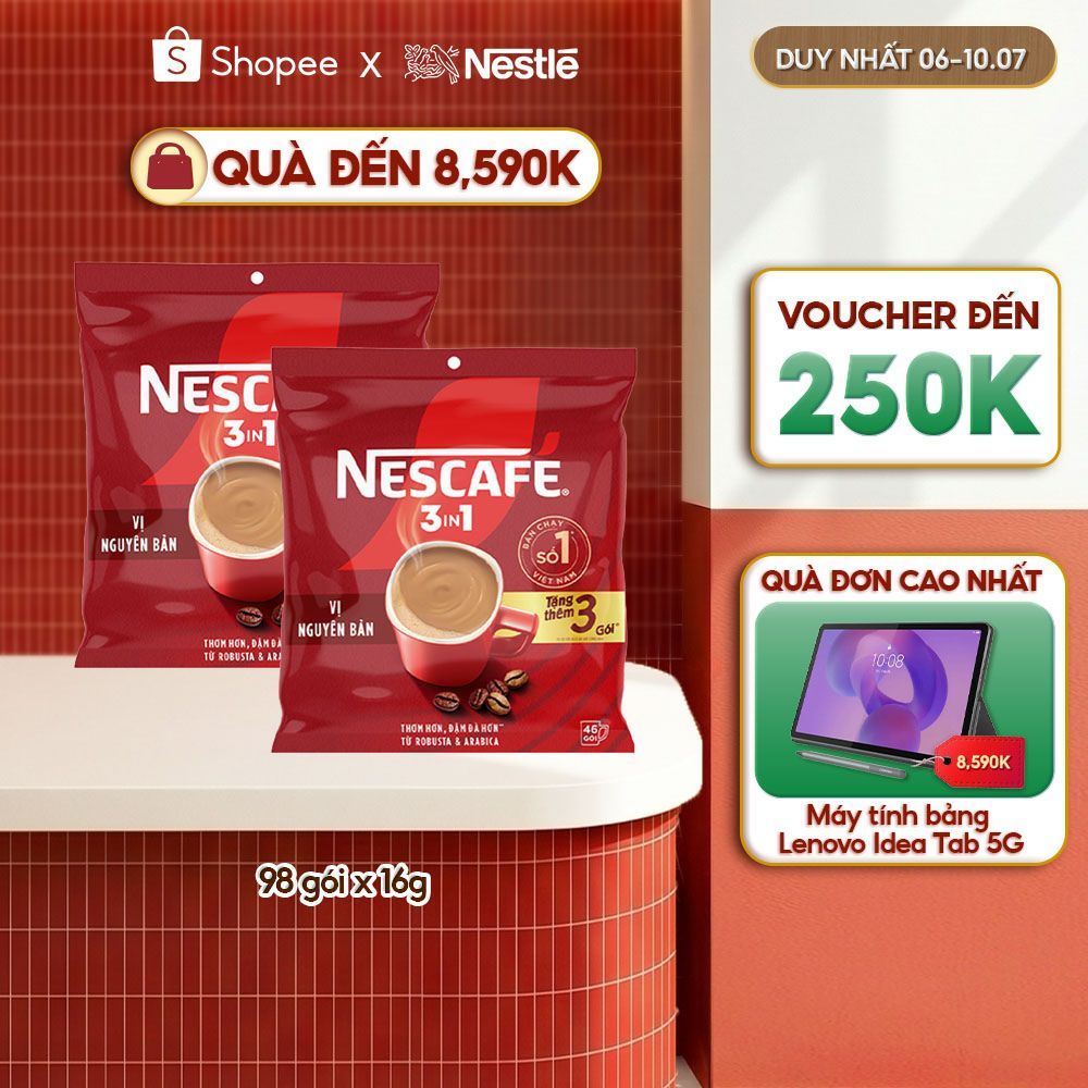 Combo 2 Bịch Cà phê Hòa tan NESCAFÉ VỊ NGUYÊN BẢN Đậm Thơm Hoàn Hảo (Bịch 46+3 gói x 16g)