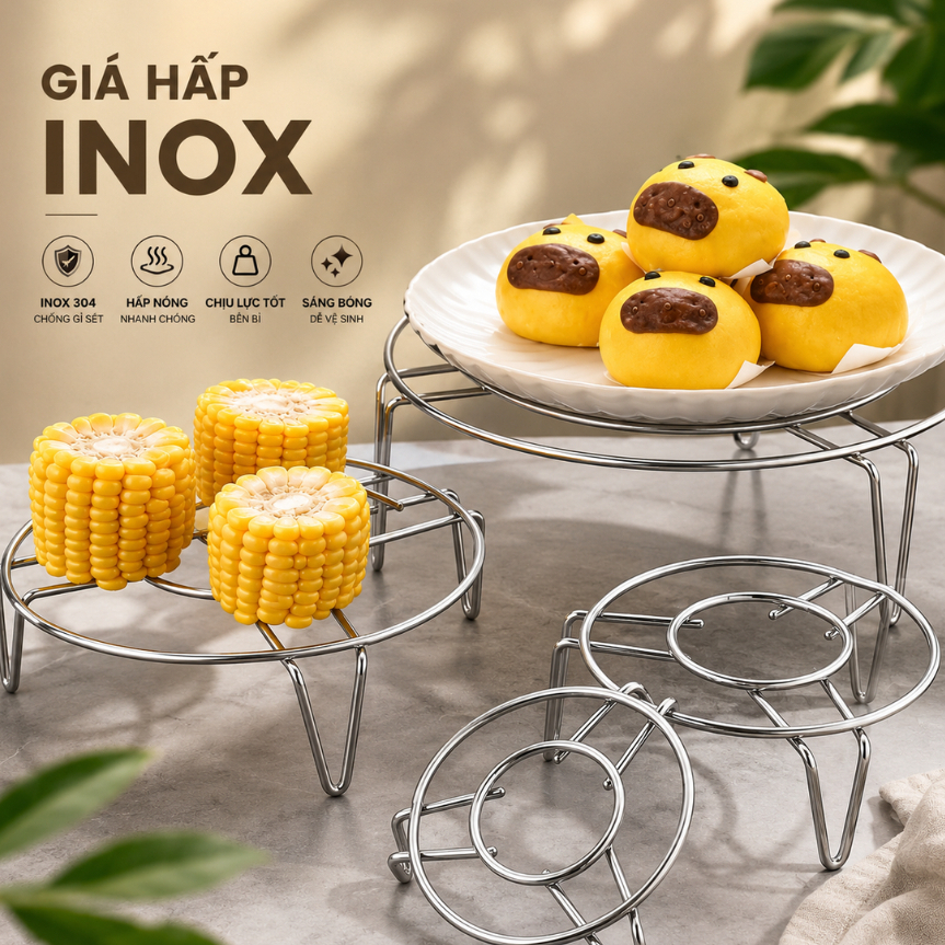Giá Hấp Inox Không Gỉ Cao Cấp Chịu Lực Tốt Nhamoi, Vỉ Hấp 3 Chân Chắc Chắn Đa Năng Chống Trầy, Nhiều Kích Thước