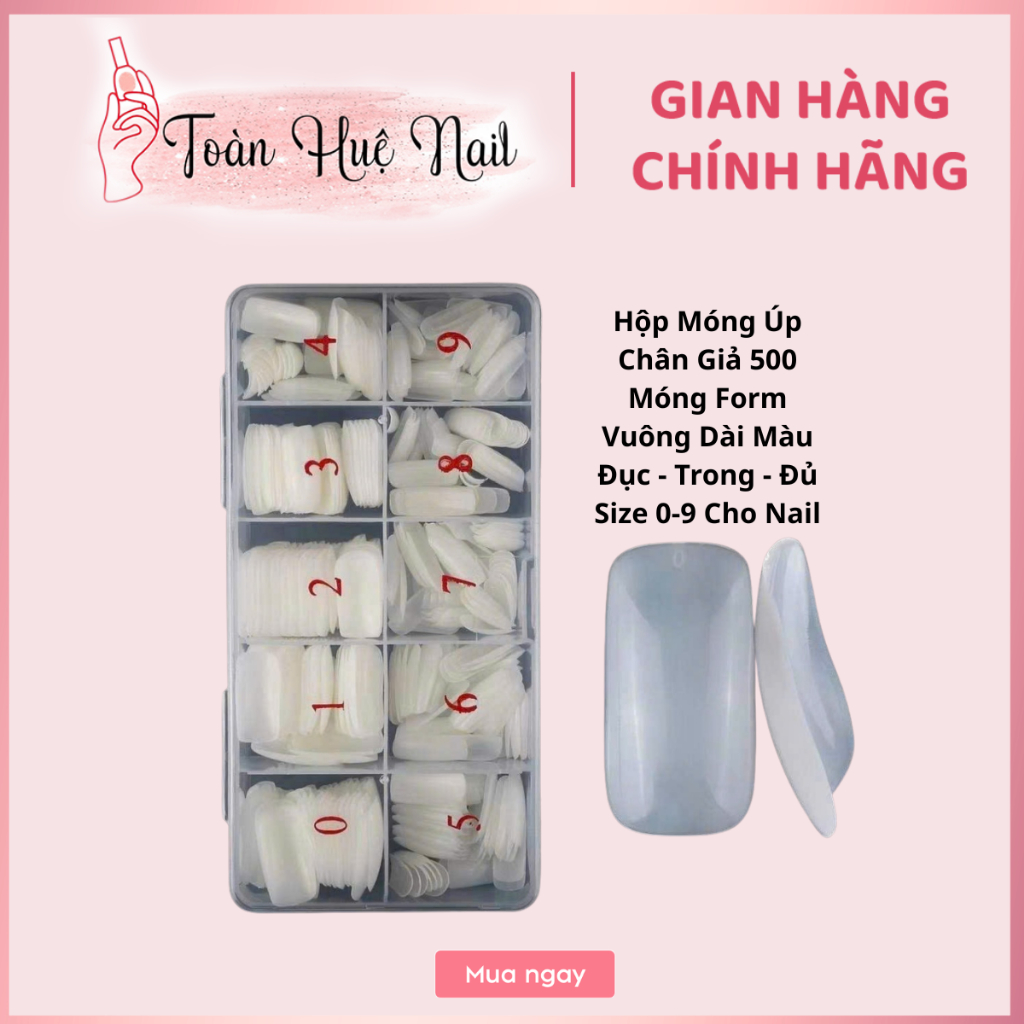 Hộp Móng Úp Chân Giả 500 Móng Form Vuông Dài Màu Đục - Trong - Đủ Size 0-9 Cho Nail