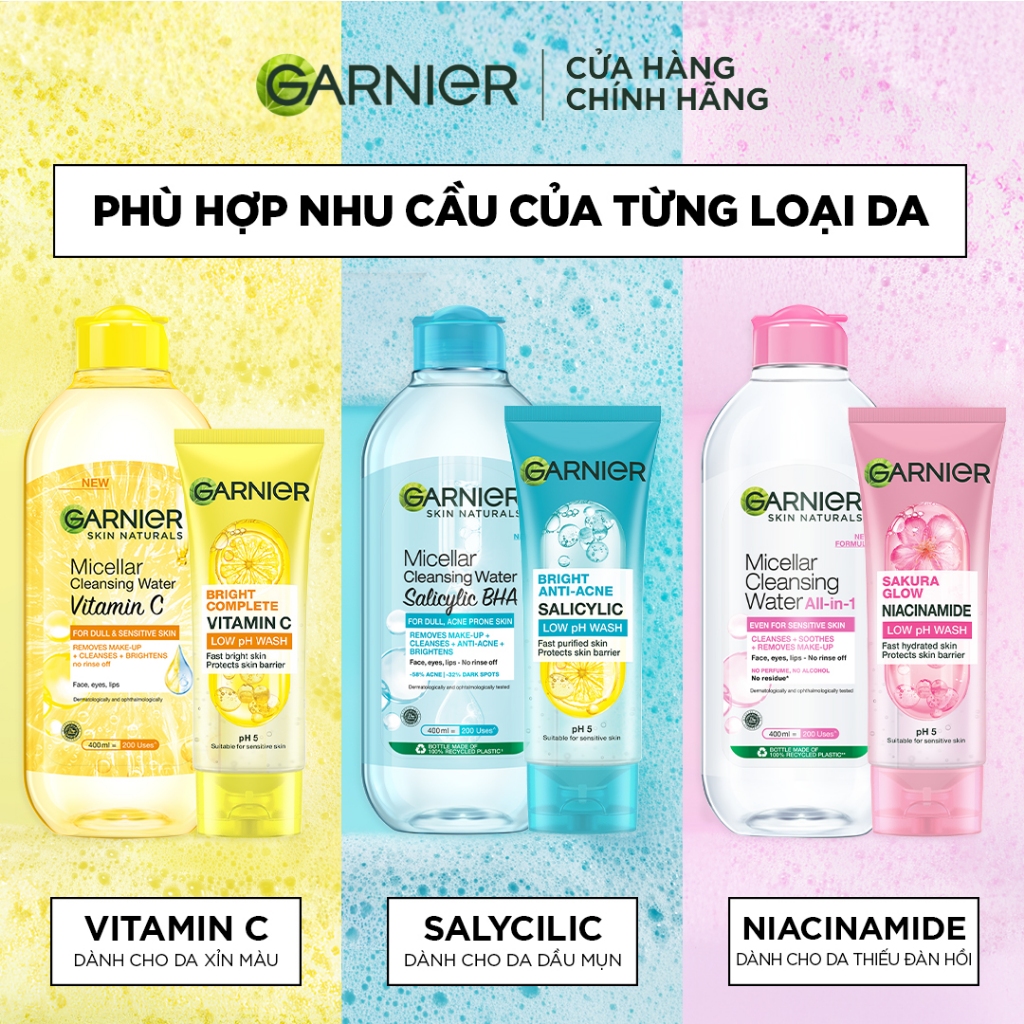 [MỚI - TẶNG 2 QUÀ] Bộ đôi Sữa rửa mặt & Nước tẩy trang sạch thoáng Garnier LowpH làm sạch sâu cho mọi loại da 400x100ml