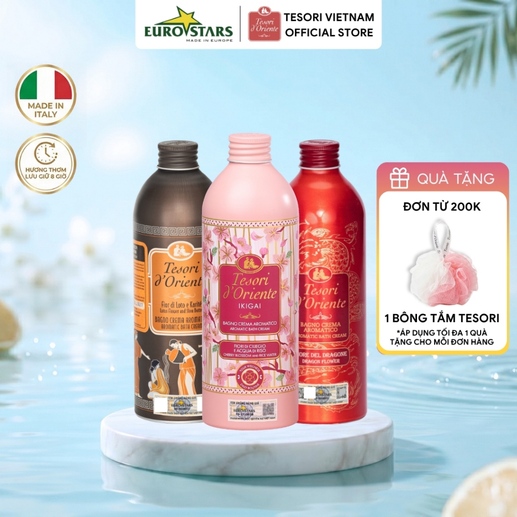 Sữa tắm nước hoa Tesori d'Oriente 500ml - 25ml - Dưỡng ẩm mịn da, lưu hương lâu đến 8H, nhập khẩu Italy (Kèm vòi)