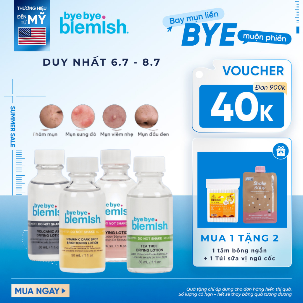 [SALE 7.7] Chấm Mụn 2 Lớp Giảm Mụn Nhanh Sau 1 Đêm Bye Bye Blemish Drying Lotion 30ml Cho Tất Cả Loại Mụn