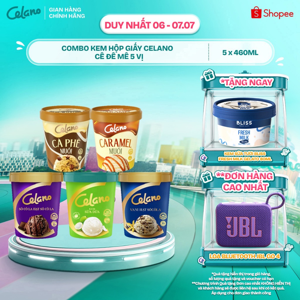 [Hỏa tốc HN/HCM] Combo kem hộp giấy CELANO CÊ ĐÊ MÊ 5 vị: Caramel muối, Cà phê muối, Socola, Vani hạt socola, Dừa