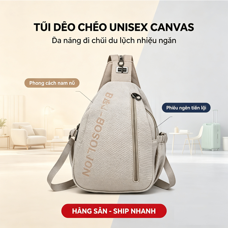Túi Đeo Chéo Nam Nữ Unisex Phong Cách Canvas Đa Năng Túi Bao Tử Đeo Ngực Đi Chơi Du Lịch Nhiều Ngăn Tiện Lợi