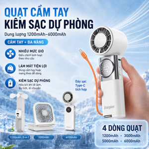 Quạt cầm tay 5in1 Energizer, Mini Fan kiêm sạc dự phòng dung lượng 1.200mAh-6.000mAh tốc độ cao, sò lạnh, BH 1 năm