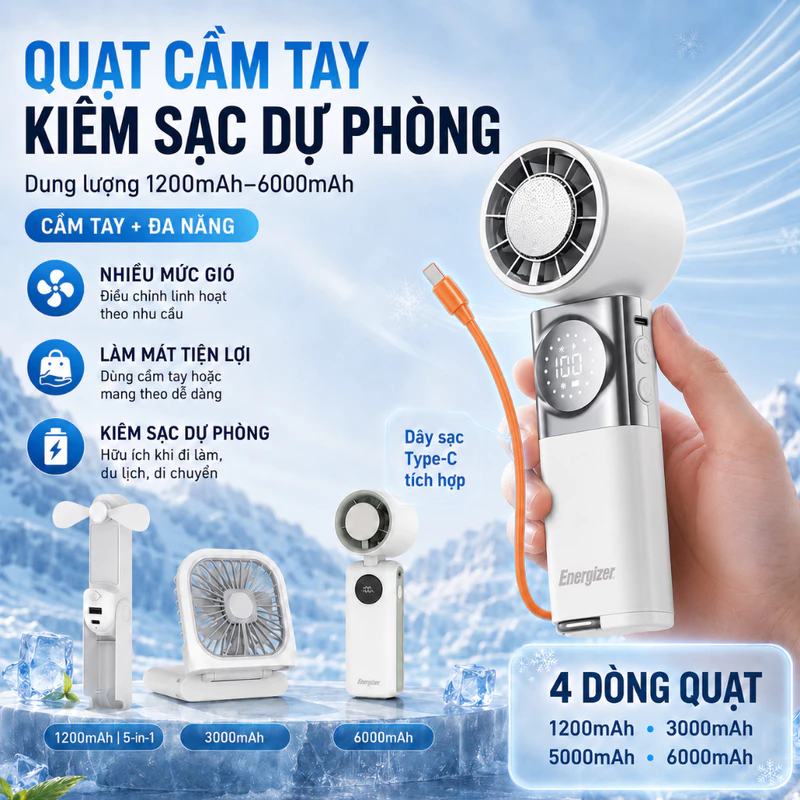 Quạt cầm tay 5in1 Energizer, Mini Fan kiêm sạc dự phòng dung lượng 1.200mAh-6.000mAh tốc độ cao, sò lạnh, BH 1 năm — ảnh 1