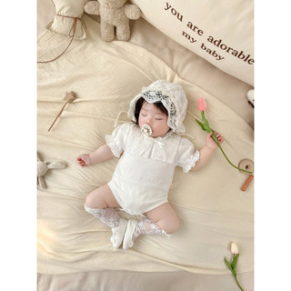 Body Liền Thân Bé Gái Ren Hoa Cổ Vuông Tay Ngắn Phong Cách Vintage Hàn Quốc Cho Bé Sơ Sinh 0-18 Tháng