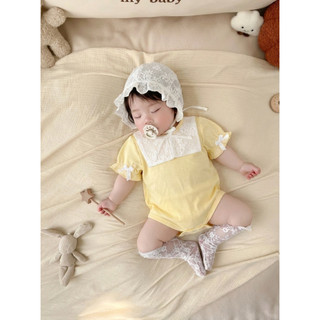 Body Liền Thân Bé Gái Ren Hoa Cổ Vuông Tay Ngắn Phong Cách Vintage Hàn Quốc Cho Bé Sơ Sinh 0-18 Tháng