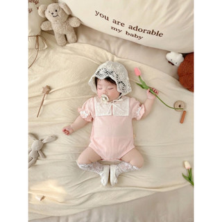 Body Liền Thân Bé Gái Ren Hoa Cổ Vuông Tay Ngắn Phong Cách Vintage Hàn Quốc Cho Bé Sơ Sinh 0-18 Tháng