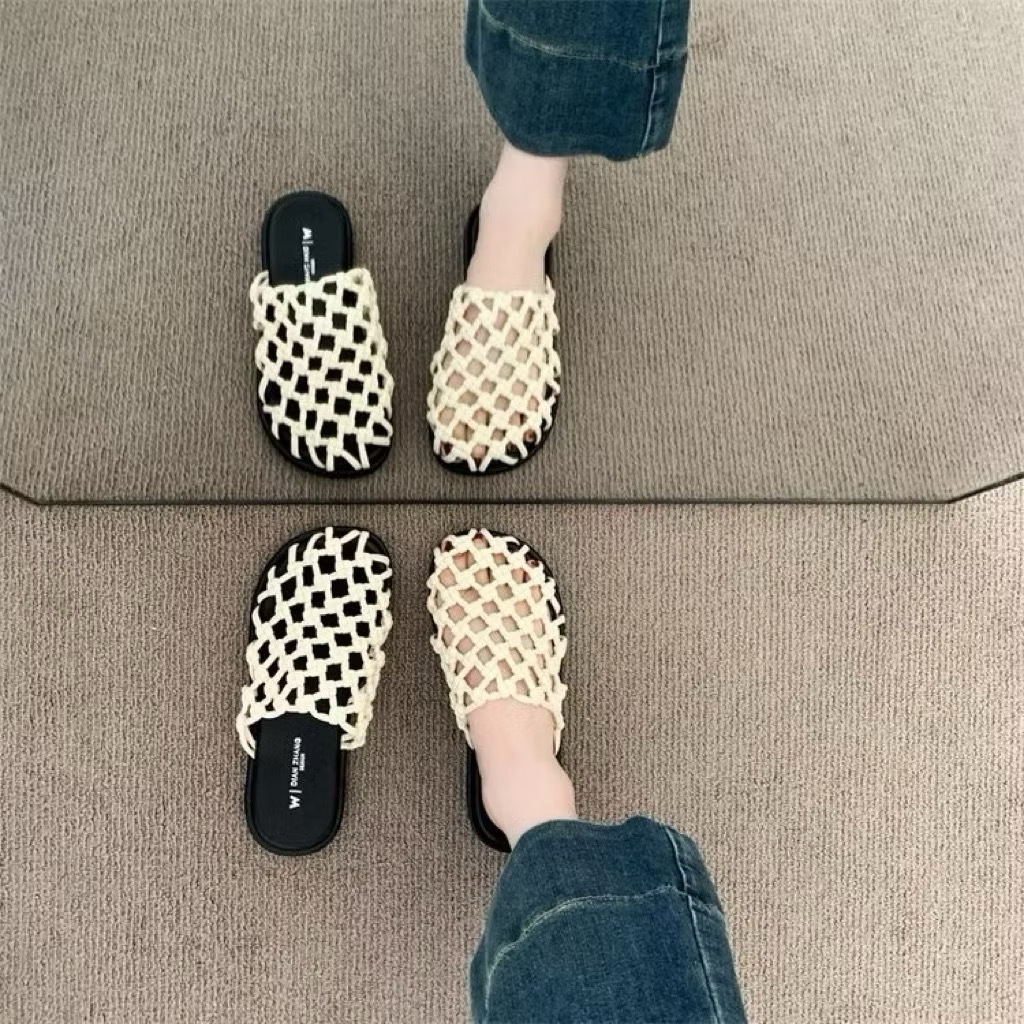 Dép Nữ Đế Bệt Quai Đan Lưới Dây Macrame Trắng Kem Sang Chảnh - Dép Sandal Nữ Đế Đen Phong Cách Boho Đi Biển Dạo Phố