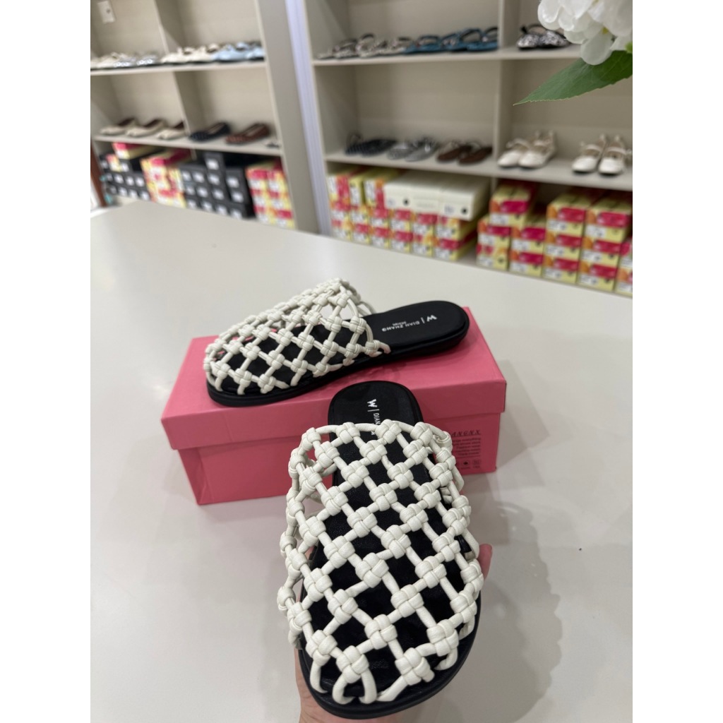 Dép Nữ Đế Bệt Quai Đan Lưới Dây Macrame Trắng Kem Sang Chảnh - Dép Sandal Nữ Đế Đen Phong Cách Boho Đi Biển Dạo Phố