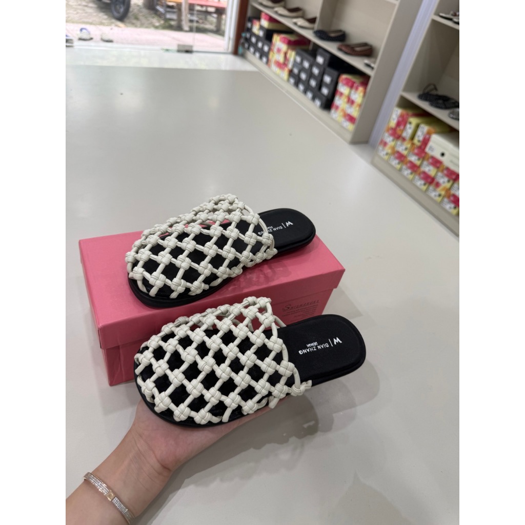 Dép Nữ Đế Bệt Quai Đan Lưới Dây Macrame Trắng Kem Sang Chảnh - Dép Sandal Nữ Đế Đen Phong Cách Boho Đi Biển Dạo Phố