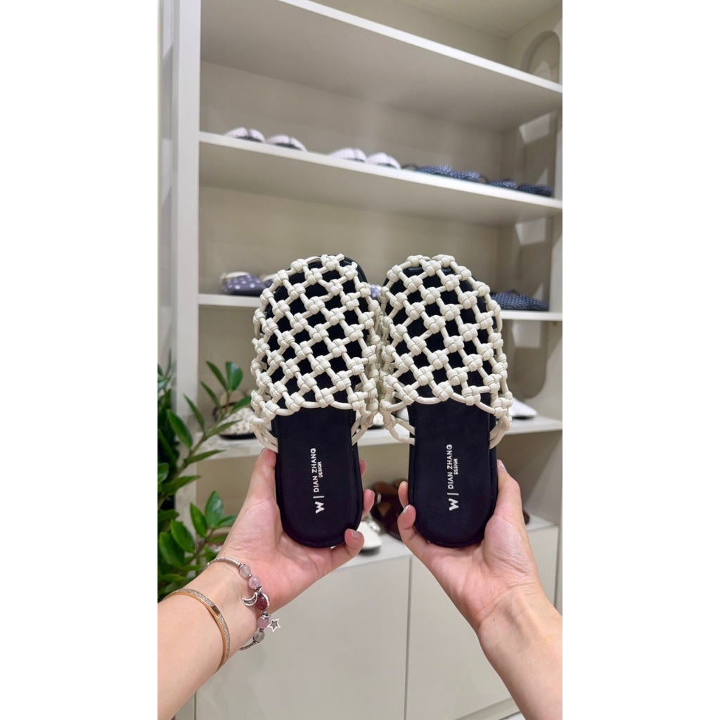 Dép Nữ Đế Bệt Quai Đan Lưới Dây Macrame Trắng Kem Sang Chảnh - Dép Sandal Nữ Đế Đen Phong Cách Boho Đi Biển Dạo Phố