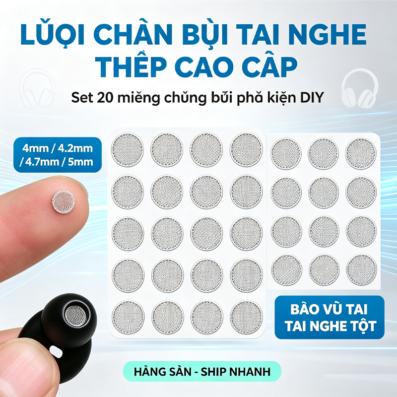 Lưới Chắn Bụi Tai Nghe Bằng Thép Cao Cấp 4mm 4.2mm 4.7mm 5mm Set 20 Miếng Màng Lưới Chống Bụi Phụ Kiện DIY Tai Nghe