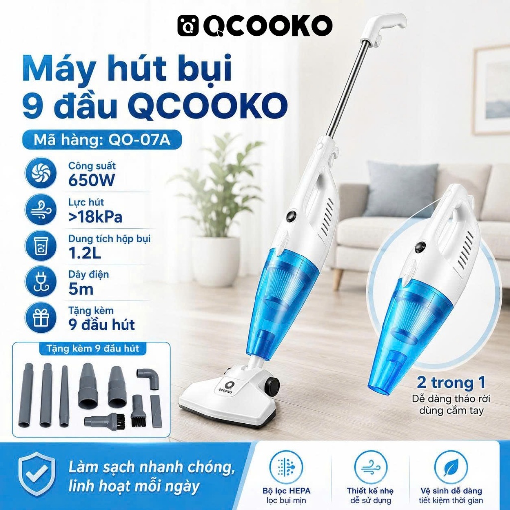 Máy hút bụi cầm tay đa năng Xiao MiQCOOKO QC-07A, lực hút mạnh 18000Pa, công suất 650W, kèm 9 đầu hút BH 12 tháng
