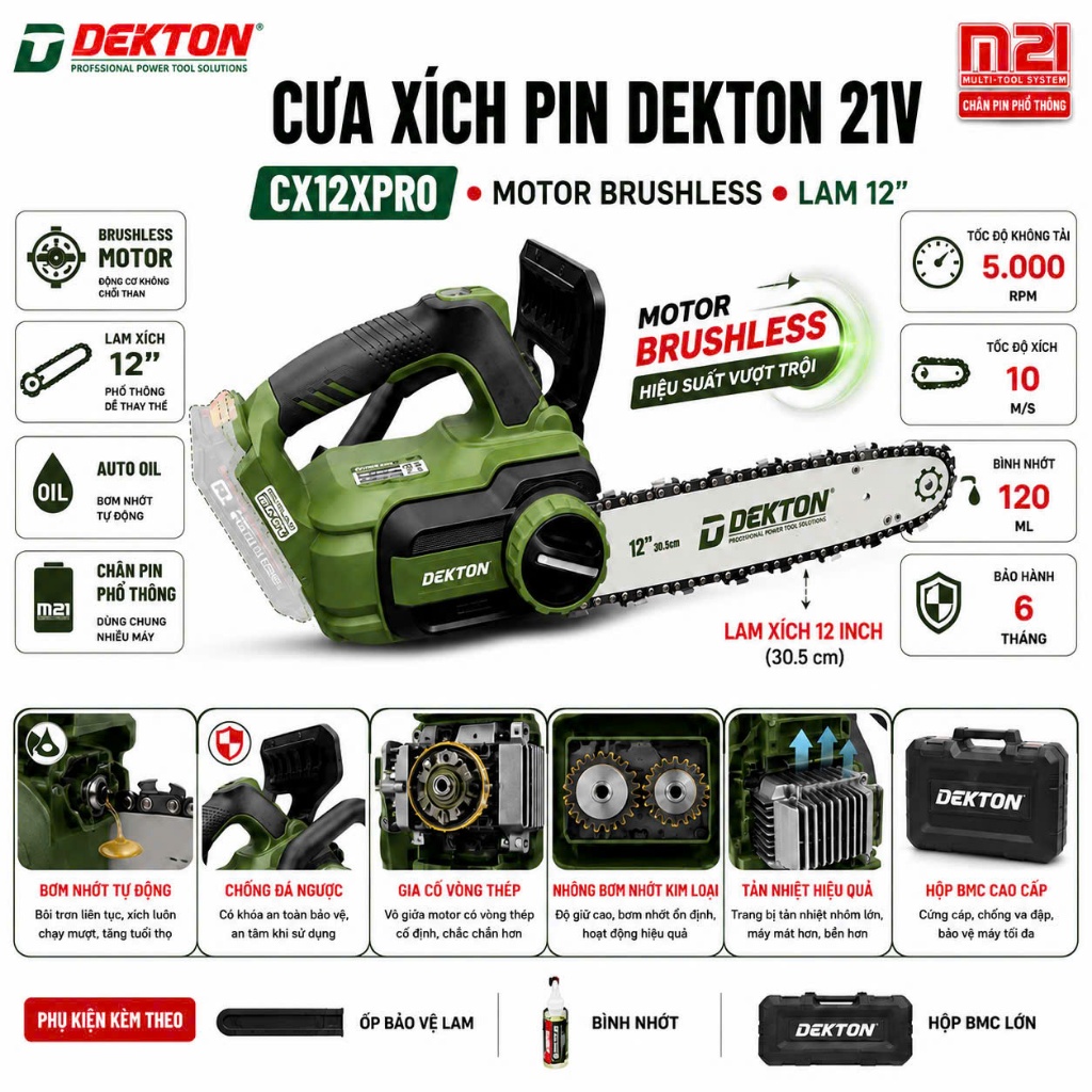 Thân Máy cưa xích pin 21V DEKTON M21-CX12PRO motor brushless lam 12inch (30.5cm) tra nhớt tự động