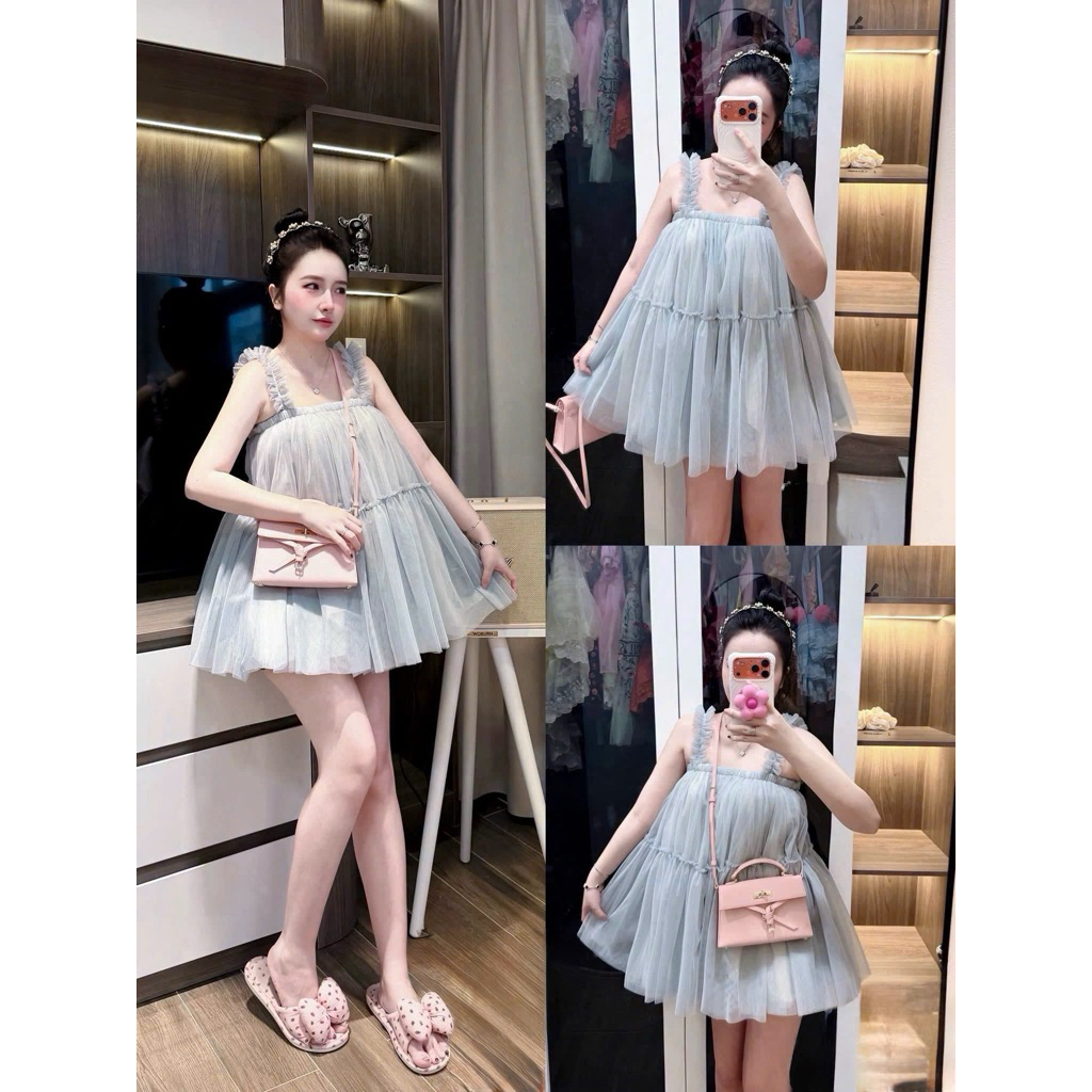 Váy hai dây bèo xoè bồng tiểu thư bánh bèo xinh iu kèm quần rời