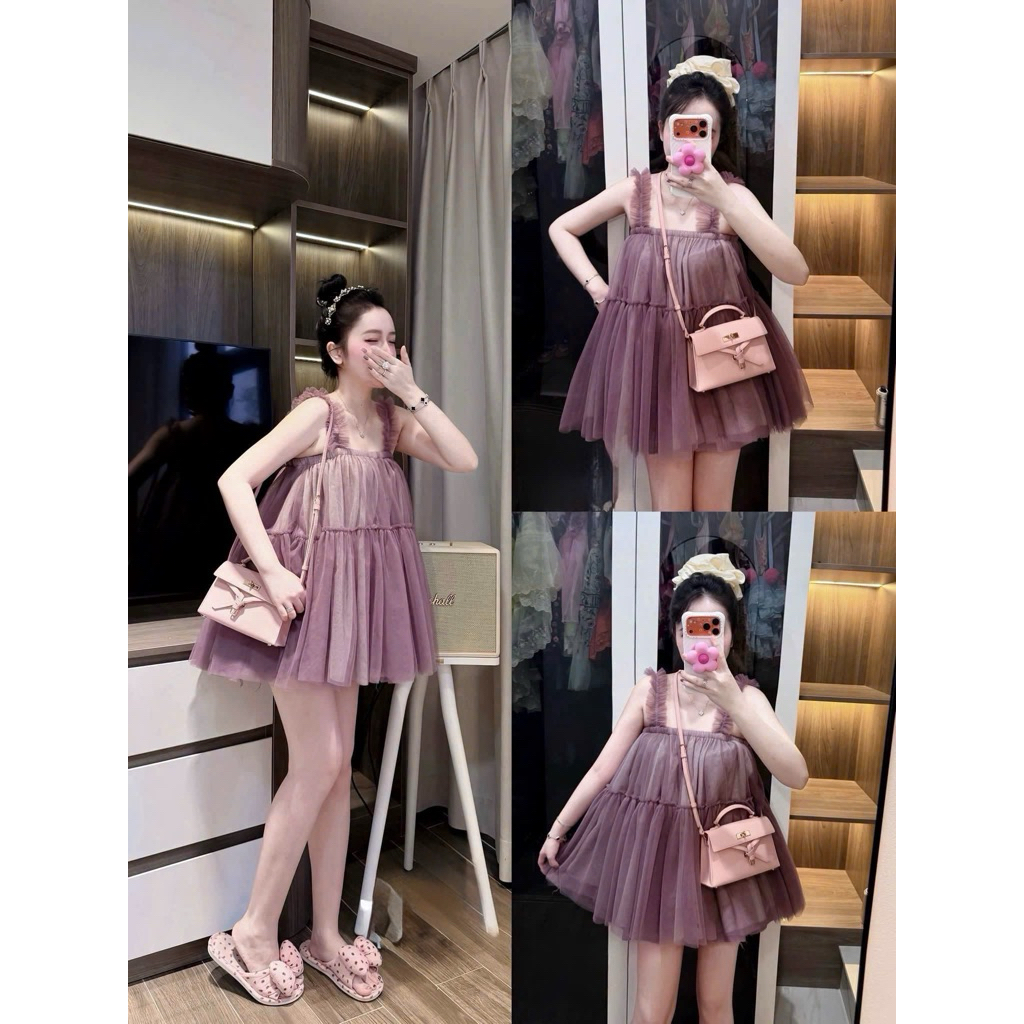 Váy hai dây bèo xoè bồng tiểu thư bánh bèo xinh iu kèm quần rời