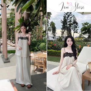 Váy Maxi 2 Dây Phối Ren Dáng Suông, Set Áo Tơ 2 Dây Pha Ren Ngực Phối Quần Dài Ống Rộng