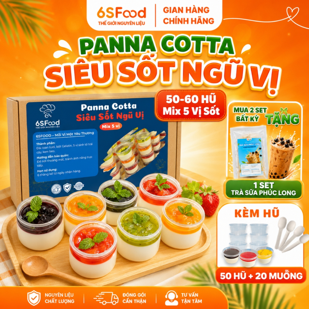 Set Nguyên Liệu Làm Panna Cotta Siêu Sốt Đầy Đủ Tại Nhà 🍮 Mix 5 Vị Sốt Làm 50–60 Hũ 60ml – 6SFOOD