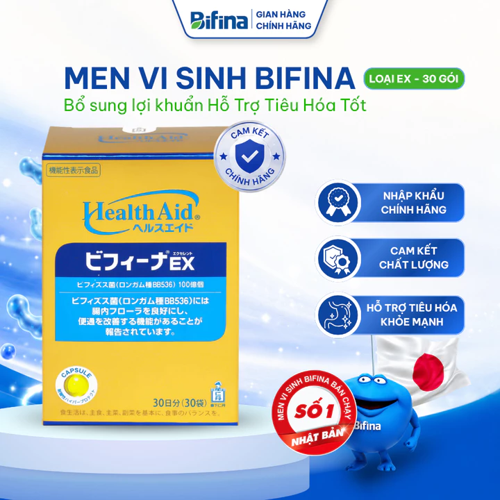 Men vi sinh Bifina EX Nhật Bản hộp 30 gói hỗ trợ tiêu hóa, giảm táo bón, tiêu chảy, đầy hơi bổ sung lợi khuẩn đường ruột