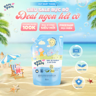Nước Giặt Xả Pom Pom Newborn Túi 2.7L - Lành Tính Cho Bé Sơ Sinh, 2in1 Tiết Kiệm, Hương Phấn Rôm Dịu Nhẹ NB27
