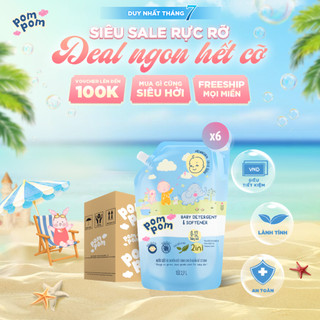 Combo 6 Túi Nước Giặt Xả Pom Pom Newborn 2.7L - An Toàn Cho Bé Mới Lọt Lòng, Kháng Khuẩn, Hương Phấn Rôm Dịu Nhẹ NB27