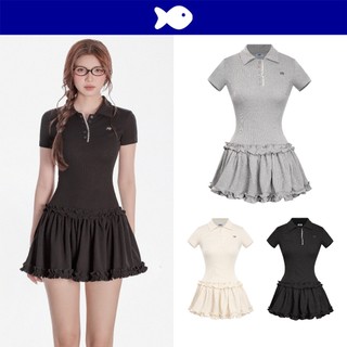 Váy polo nữ dáng xòe kiểu viền bèo DKMV phối ren đáng yêu màu xám logo inox Cá tay ngắn tôn dáng Bomie Dress| K-D22