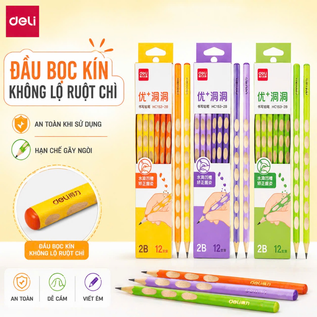 Hộp 12 Bút Chì Gỗ Deli 2B/HB – Định Vị Tay, Luyện Viết Chữ Đúng Cách – Học Sinh Tiểu Học