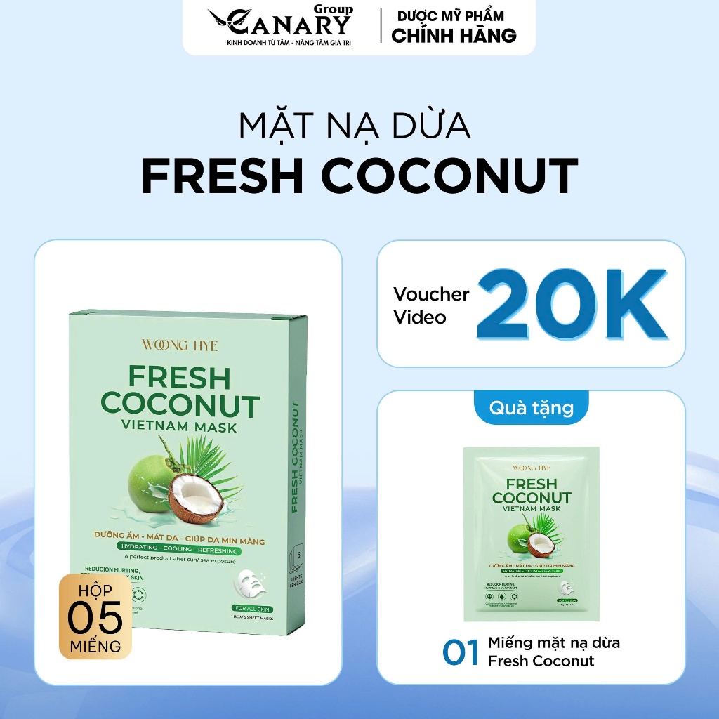 1 Hộp 5 Miếng Mặt nạ dừa sinh học WoongHye, làm dịu da tức thì, dưỡng ẩm 25g - Fresh Coconut