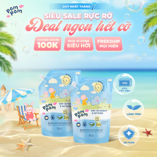 Combo 2 Túi Nước Giặt Xả Pom Pom Newborn 2.7L - An Toàn Cho Bé Sơ Sinh, Sạch Sâu Vết Nôn Trớ Ọc Sữa Hương Phấn Rôm NB27