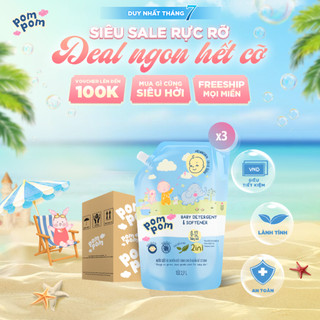 Combo 3 Túi Nước Giặt Xả Pom Pom Newborn 2.7L - An Toàn Cho Bé Sơ Sinh, Sạch Sâu Vết Nôn Trớ Ọc Sữa, Hương Phấn Rôm NB27