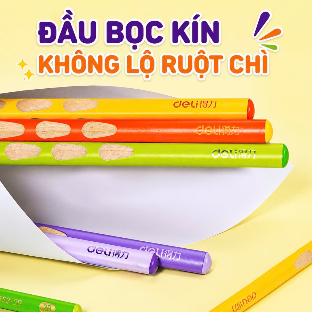 Hộp 12 Bút Chì Gỗ Deli 2B/HB – Định Vị Tay, Luyện Viết Chữ Đúng Cách – Học Sinh Tiểu Học
