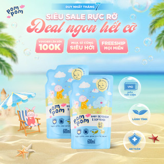Combo 2 Túi Nước Giặt Xả Pom Pom Newborn 600ML - An Toàn Cho Bé Sơ Sinh, Sạch Sâu Vết Nôn Trớ Hương Phấn Rơm Dịu Nhẹ NB6