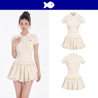 Đầm xòe ngắn cổ polo tay ngắn DKMV thiết kế đính viền bèo điệu đà đính logo cá inox màu kem Bomie Dress | K-D22-K