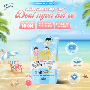 Nước Giặt Xả Pom Pom Active Túi 600ML - 2in1 Tiết Kiệm Dành Cho Cả Nhà, Sạch Thơm Mềm Vải, Hương Nắng Mai AT6