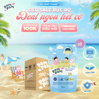 Nước Giặt Xả Pom Pom Active [2.7L x3] Siêu Tiết Kiệm Cho Cả Gia Đình Sạch Mới Thơm Mềm Vải Hương Nắng Mai AT27