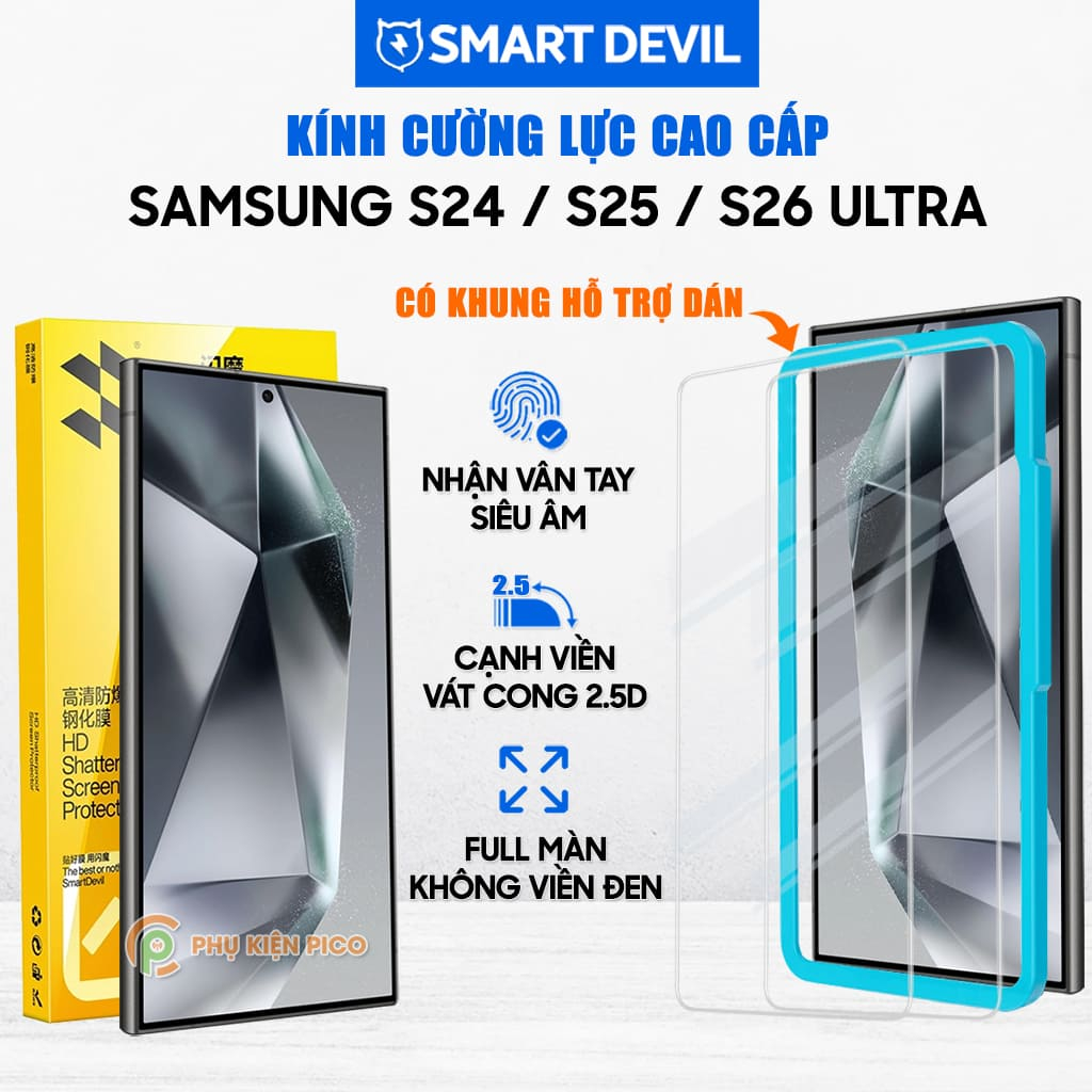Kính cường lực dùng cho Samsung Galaxy S24 Ultra / S25 Ultra / S26 Ultra full màn hình hãng Smart Devil có khung hỗ trợ